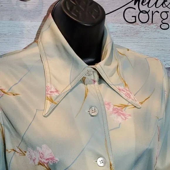 Vintage Tie Dye Floral Print Dagger Collar Blouse Sz M - Picture 3 of 8